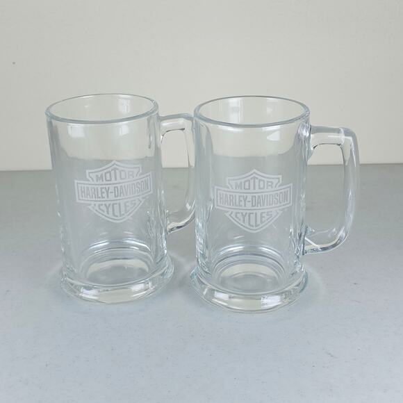 MUG Harley-Davidson Heavy Etched Clear Glass Lot of 2 - Picture 1 of 2